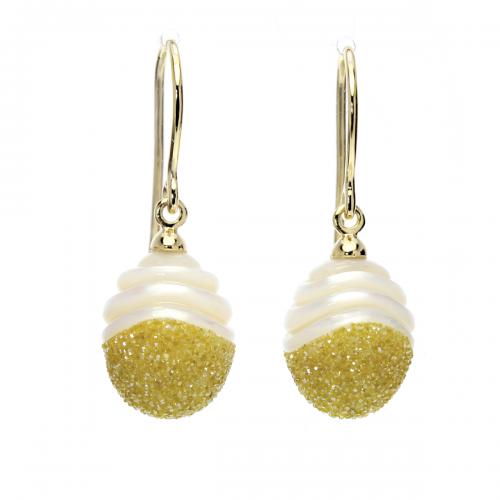 Galaxia Pearl Earrings with Lab-Grown Yellow Diamond Druzy